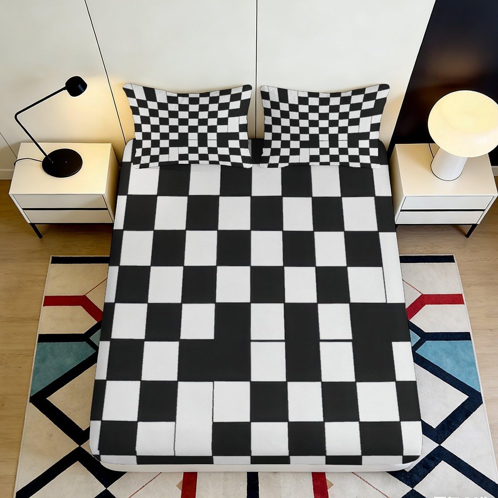 3D Printed Black White Checkerboard Fitted Sheet Microfiber Soft Bedroom Decor Grid Mattress Cover for Home Dorm 90x200x25cm