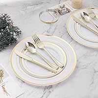 BESTVIP 600PCS Gold Disposable Dinnerware Set for 100 Guests - Elegant Plastic Plates, Cups & Utensils for Weddings & Parties