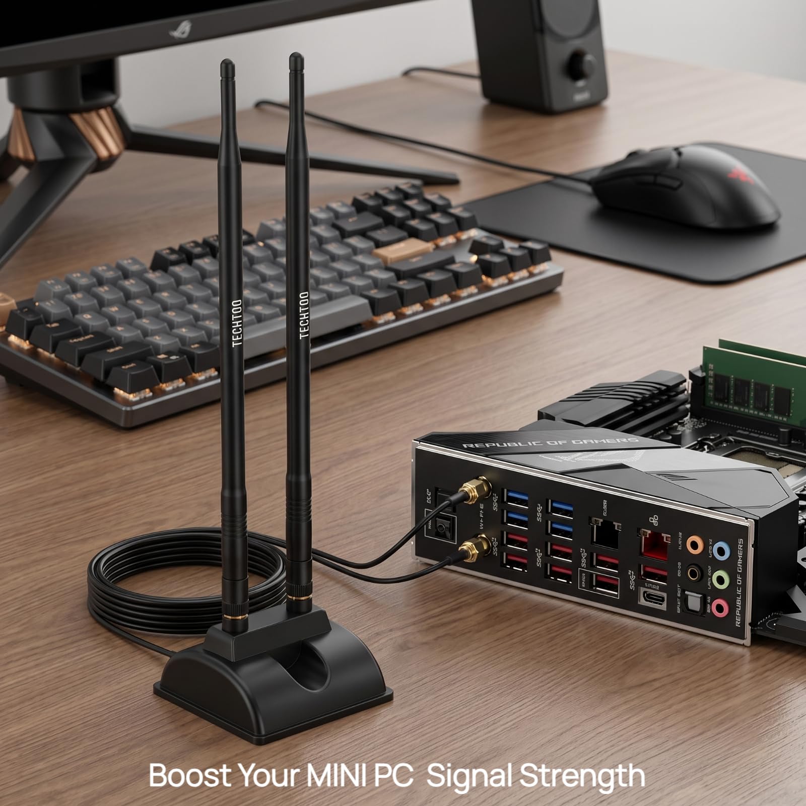 TECHTOO Antenne WiFi 9 dBi 2,4 GHz Connecteur RP-SMA avec base magnétique et câble d'extension de 1,2 m pour PC de bureau, ordinateur de bureau, carte réseau sans fil, carte réseau sans fil, carte