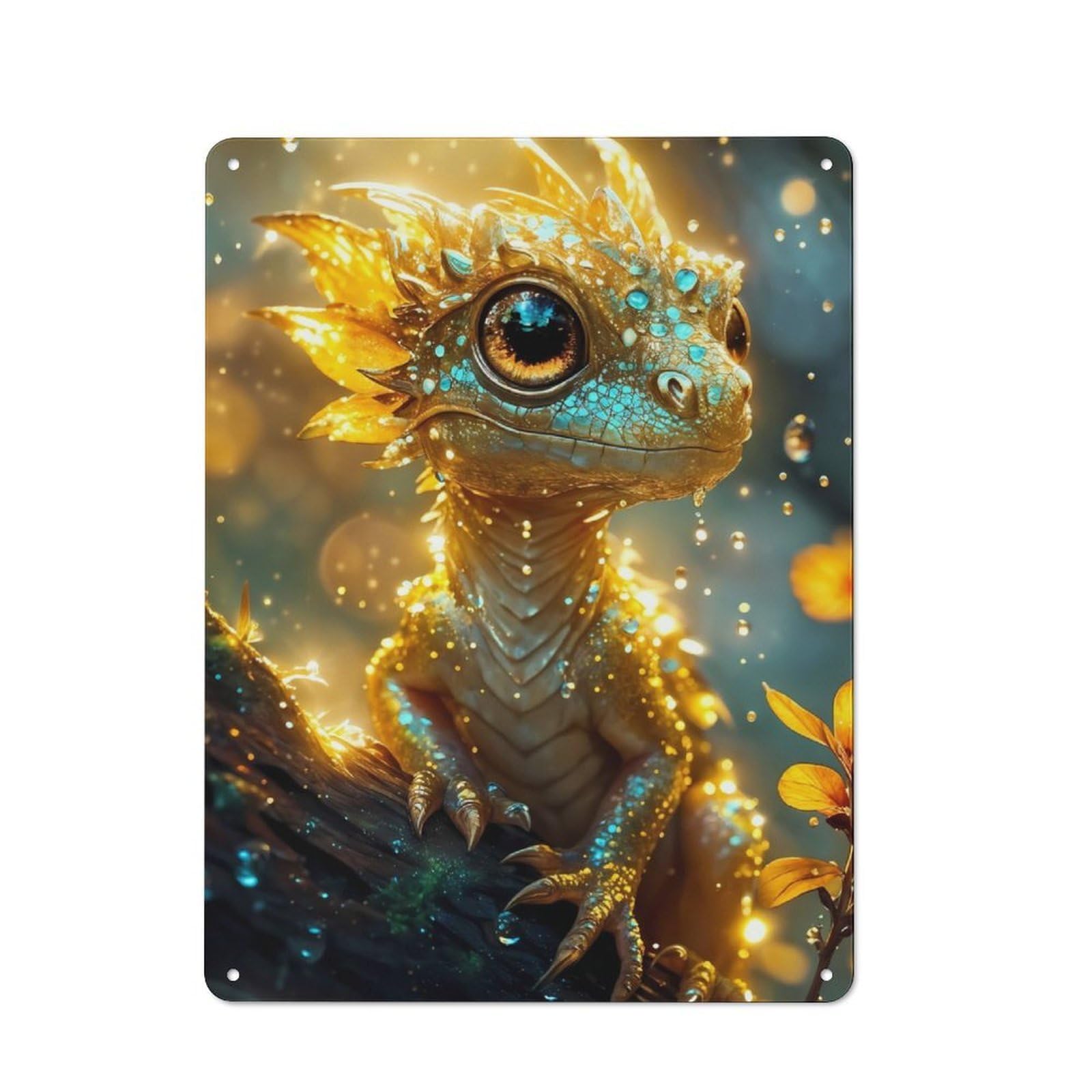 Junmoney Golden Yellow Baby Dragon Tin Wall Plaque 40X30cm With For Bar Or Restaurant, Suited To Bar Decor Enthusiasts