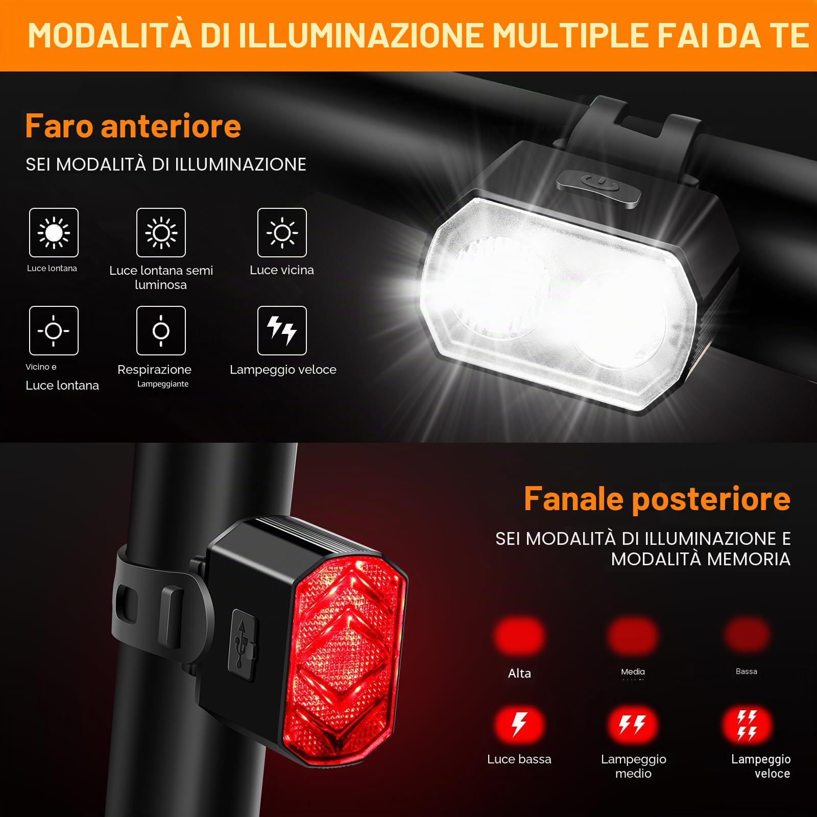 Vinabo Kit Luci Bicicletta - Faro e Fanale Posteriore, Ricarica USB, Impermeabile IPX6, 6 Modalità di illuminazione, Leggero e Resistente, Adatto a Tutte le Biciclette e a Varie Condizioni di Guida