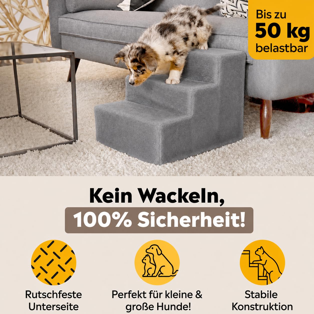 lionto Haustiertreppe mit Plüschbezug, 46x36x34 cm, robuste Hundetreppe mit niedriger Stufenhöhe von 10cm, gelenkschonend, Bezug abnehmbar & waschbar, Treppe ist bis 50 kg belastbar, hellgrau