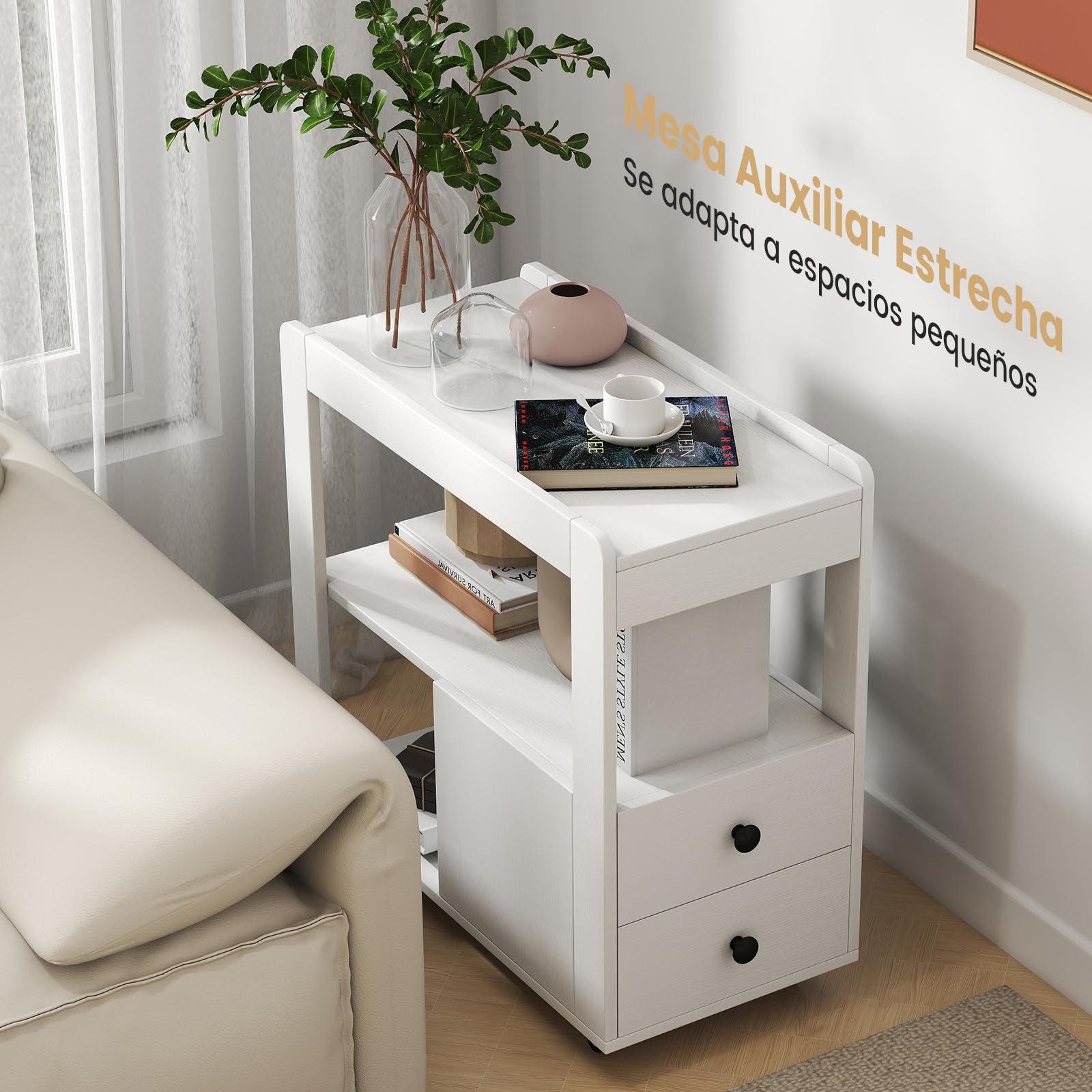COSTWAY Mesa Auxiliar Estrecha con 2 Cajones y Estantes Abiertos, Mesa Lateral con Ruedas Universales Bloqueables, Mesilla de Noche Salon Sofa Dormitorio, 65 x 30 x 62 cm (Blanco)