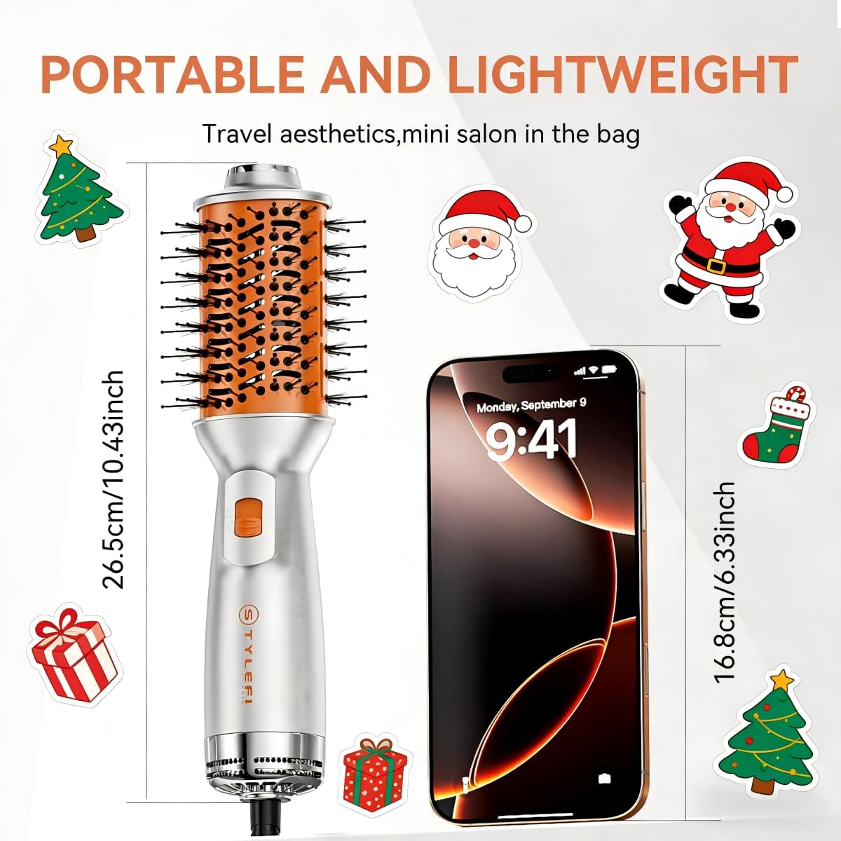 Travel Hair Dryer Brush, Double Voltage 100–240V 4-in-1 Hot Air Brush with 3 Heat & 2 Speed Settings for Drying, Straightening, Curling & Volumizing, Mini Ionic Thermal Blow Dryer Brush for Women