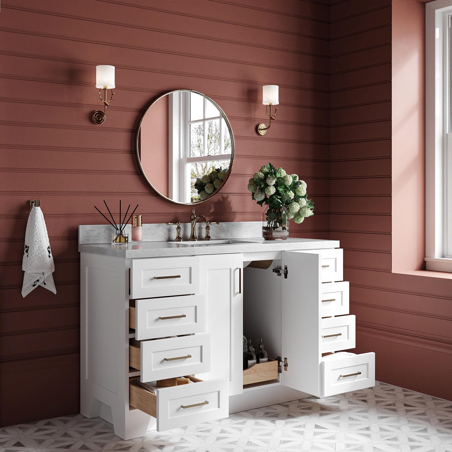 ARIEL Taylor 54-inch Bathroom Vanity with Sink,Solid Wood, 1.5-inch Italian Carrara Marble Countertop, Single Rectangular Porcelain Sink, 2 Soft Closing Doors, 9 Dovetail Drawers, White