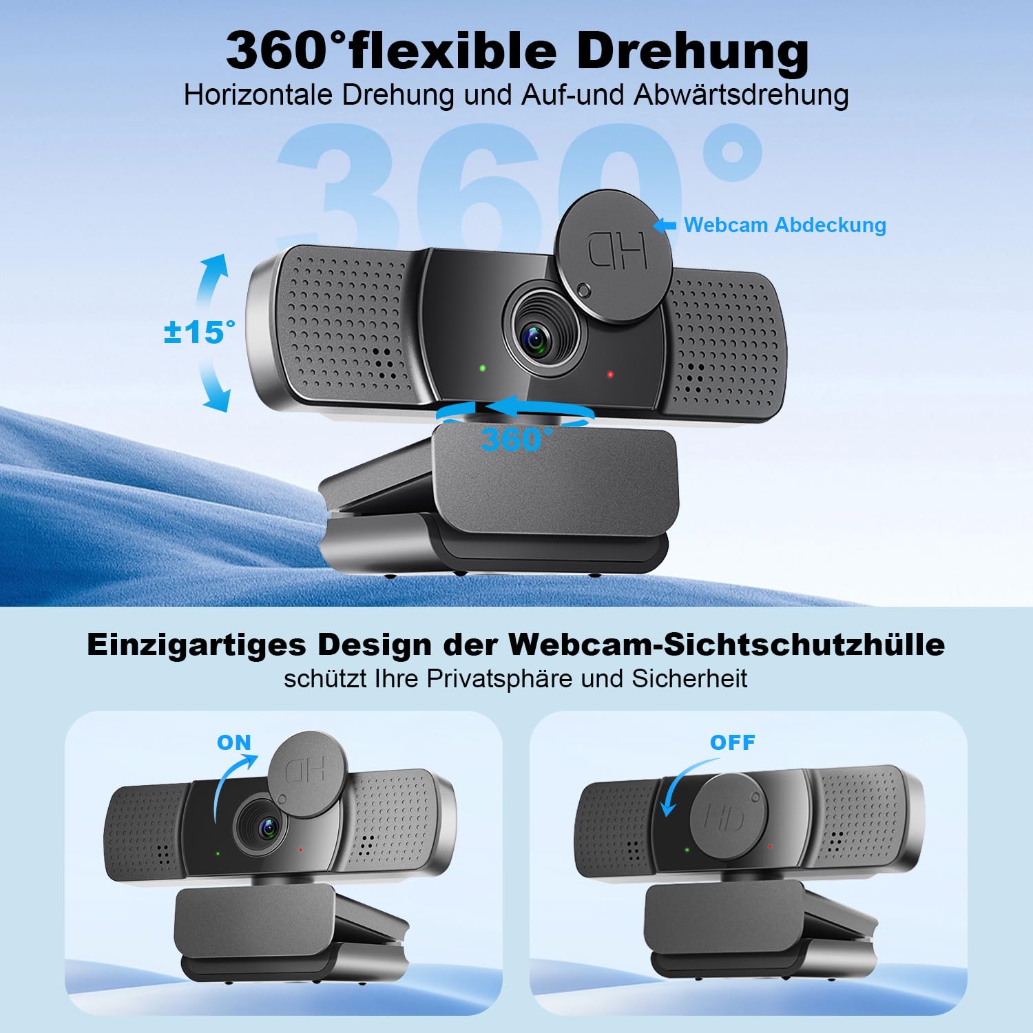 Webcam 2K Full HD, Neefeaer USB Webcam con microfono e copertura e treppiede, 85 punti di posizione, correzione automatica della luce, cancellazione del rumore, fotocamera PC con microfono compatibile