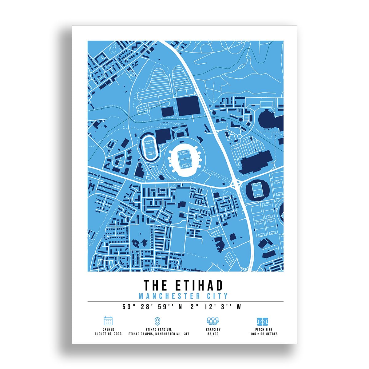 Mounted Gifts Trading The Etihad Stadium Map Minimalist A4/A3 Poster Photo Print Framed Gift Manchester City (A4 Poster Only)