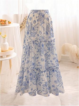 Verdusa Women's Floral Print Tiered Layered Long Skirt High Rise Ruffled Maxi Skirt