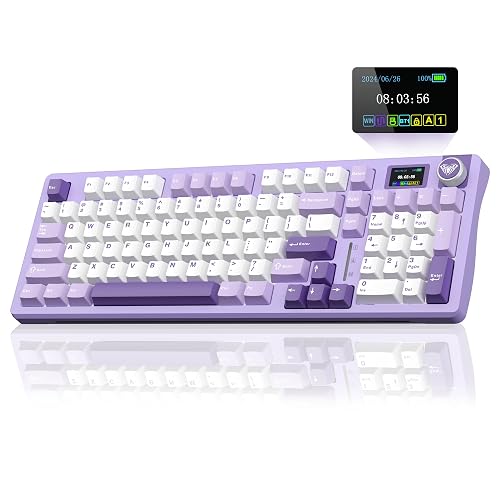 AULA S98 Pro Wireless Mechanical Keyboard with Screen & Knob, Tri-Mode Creamy Keyboard with Number Pad, Pre-lubed Linear Switches, Hot Swappable RGB Backlit Computer Gaming Keyboards for PC/Laptop - White&Purple