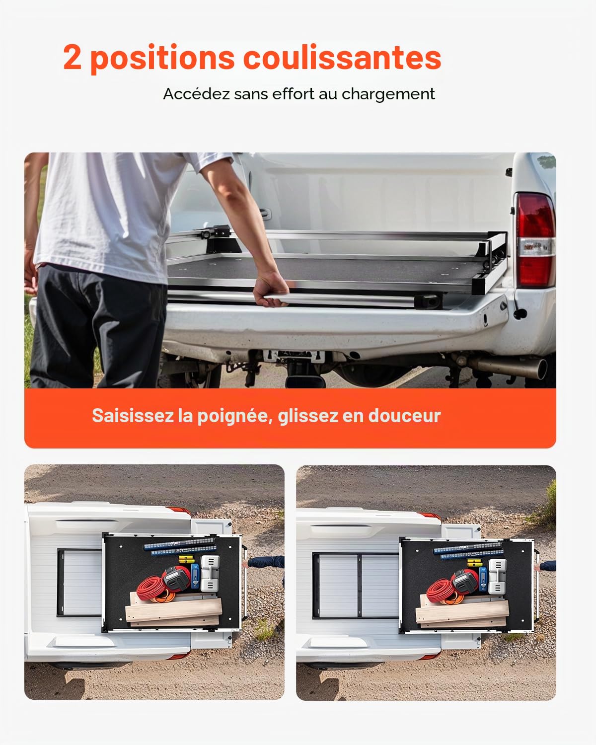 VEVOR Organiseur de lit Coulissant pour Camion, 1727 x 1220 mm, tiroir de Rangement Robuste pour Caisse de Camion, 453,6 kg, avec 6 Anneaux Mobiles de Fixation, Plateau Coulissant 2 Positions, Noir