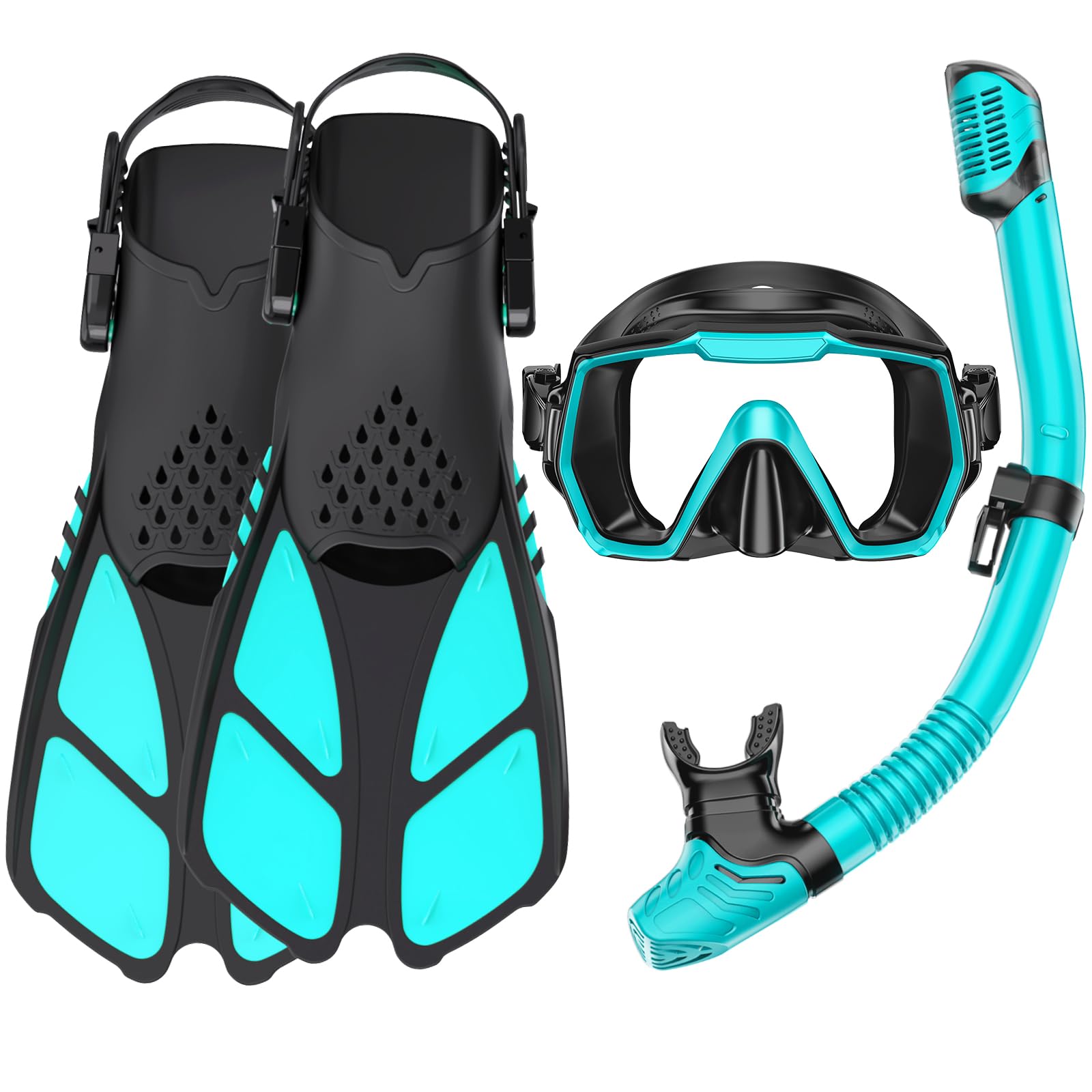 Adults Mask Snorkel Fins Set, Snorkeling Gear for Adult with Fins, Snorkel Sets with Flippers, Adult Anti Leak Scuba Gear with Adjustable Fins Diving Mask Full Dry Top Snorkel with Travel Bags