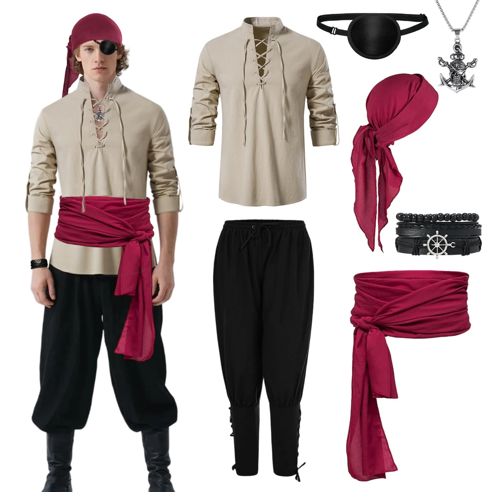 Meriviva 7 PCS Pirate Costume Adult Men Set including Medieval Shirt Trousers Bandana Belt Eye Patch Necklaces Bracelets