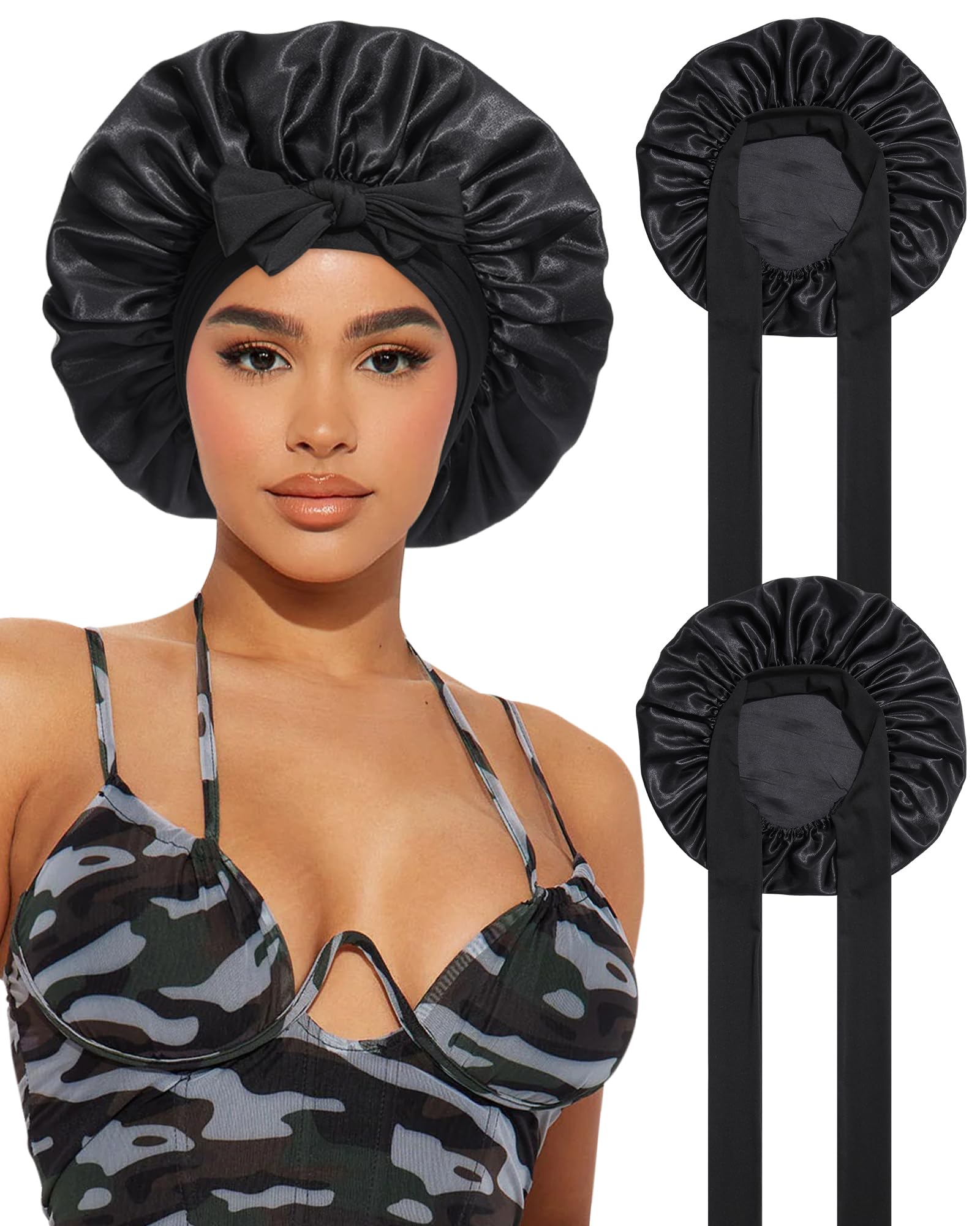 2PCS Satin Bonnets Silk Bonnet for Sleeping Women Curly Hair Bonnet with Tie Band Bonnets Sleep Cap