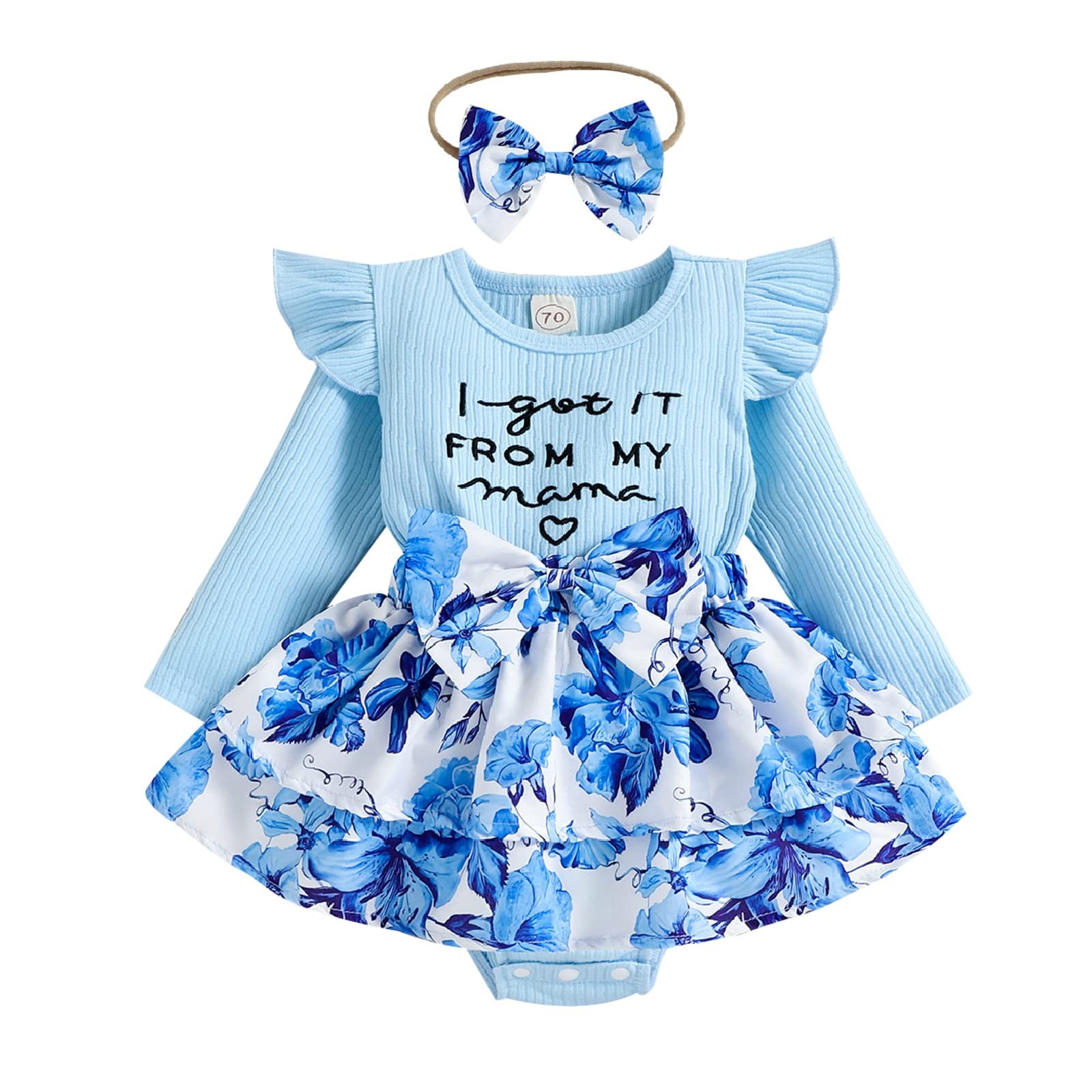 Infant Baby Girl Floral Tutu Romper Dress I Got It from My Mama Long Sleeve Jumpsuit Fall Outfit Clothes (Blue,6-12 Months)