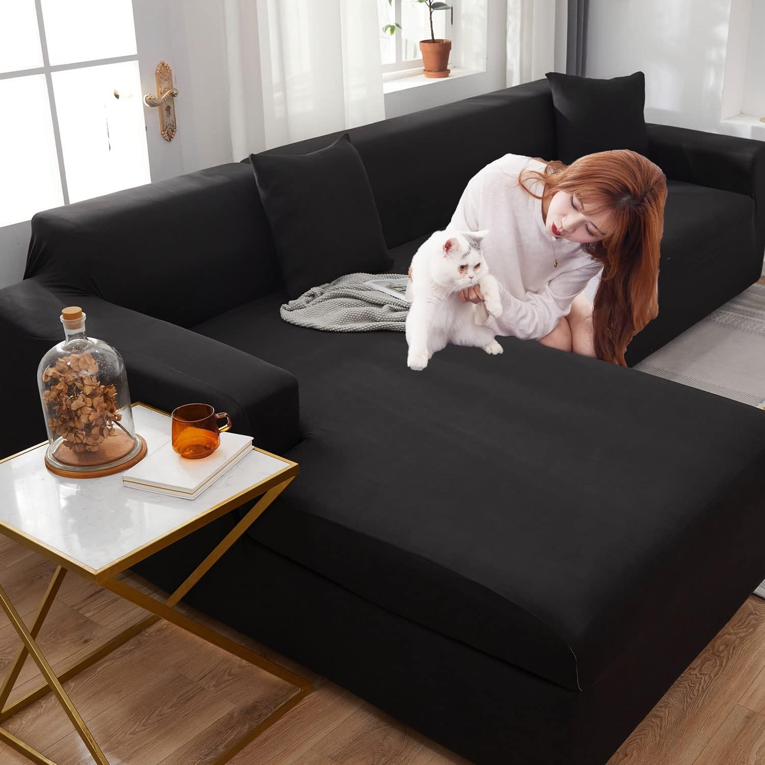 Black Sectional Couch Covers L Shape for 3 Cushion Couch for Living Room,Stretch Sofa Covers for Sectional Sofa Set for Dogs Pets,2Pcs Sofa Slipcovers Furniture Protector Covers with 2 Pillowcase