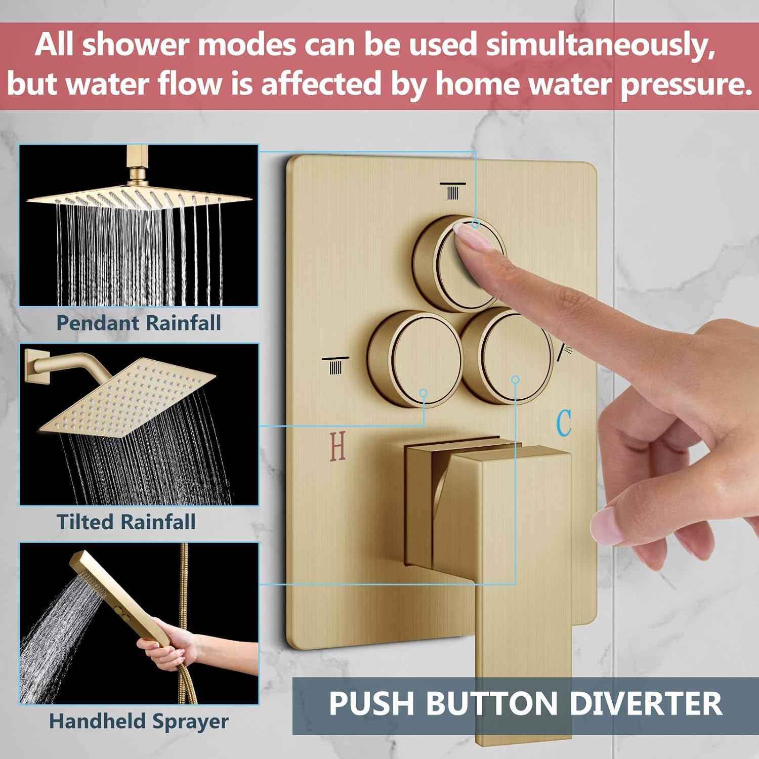 Aolemi Shower Faucet Set Ceiling Mount Shower System Rough-in Valve and Shower Trim Kit 2 in 1 Handheld Spray Push Button Diverter 10 and 6 Inch Dual Shower Head Brushed Gold - Image 2