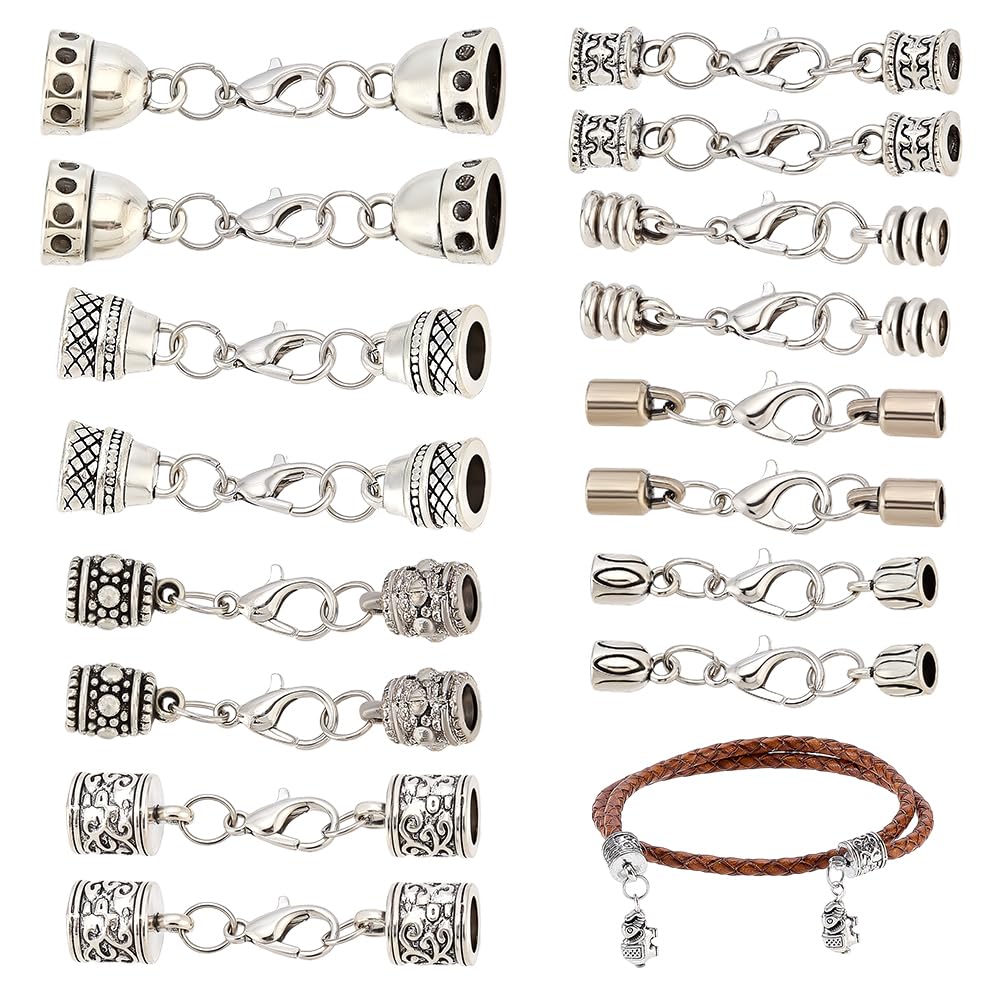 PH PandaHall 40pcs 8 Styles Cord End Caps with Lobster Clasp Antique Silver Cord Ends for Jewellery Making Leather Necklace Cord Ends Jewellery Clasps Connector for DIY Bracelets Necklaces Crafts