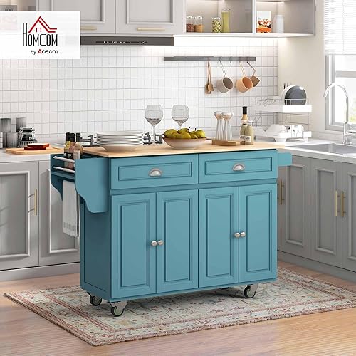 Miniatura 2 de HOMCOM Carrito de isla de cocina rodante con hoja caída, carrito de cocina con ruedas con parte superior de madera de goma, 2 cajones y 2 armarios