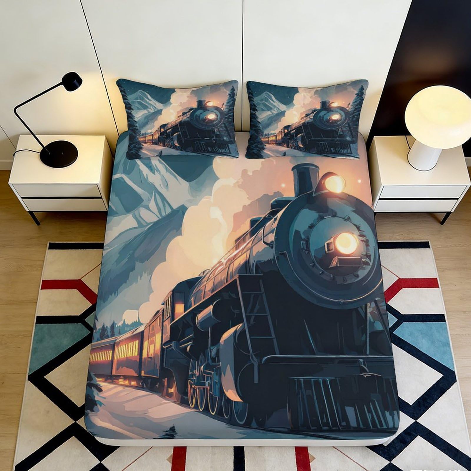 Pnayamiorkfel Style-5 3D Printed Steam Train Fitted Sheet Microfiber Soft Anti-Slip Mountain Railway Bed Cover For Bedroom Dorm Decor 90X200x25cm