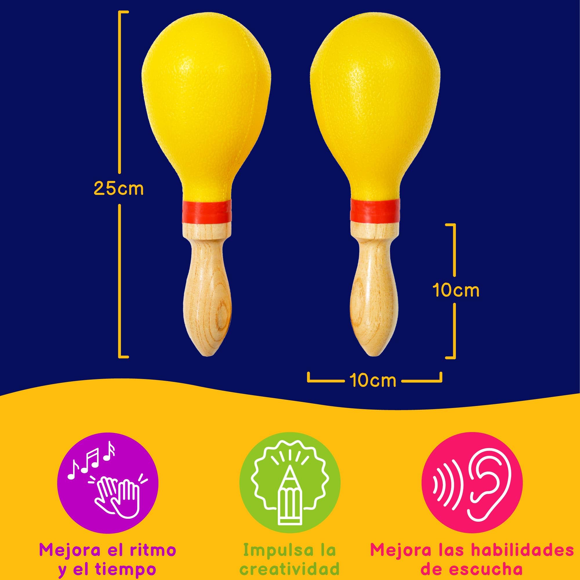 A-Star - Par de maracas grandes de plástico con mango de madera - Sonajero agitador de 25 cm, instrumento de ritmo de percusión - Paquete de 10 pares