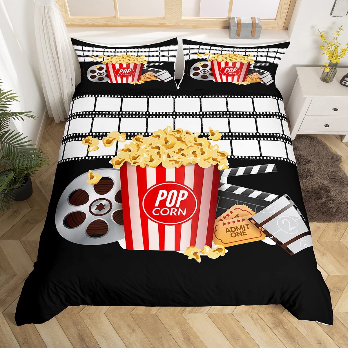 Homewish Boys Multi 09 Movie Theater Bedding Set Double Vintage Cinema Ticket Tape Duvet Cover For Kids Teens Adult Popcorn Film Snack Comforter Cover Filmstrip Printed Bed Sets Retro Clapper Board Quilt Cover, Black