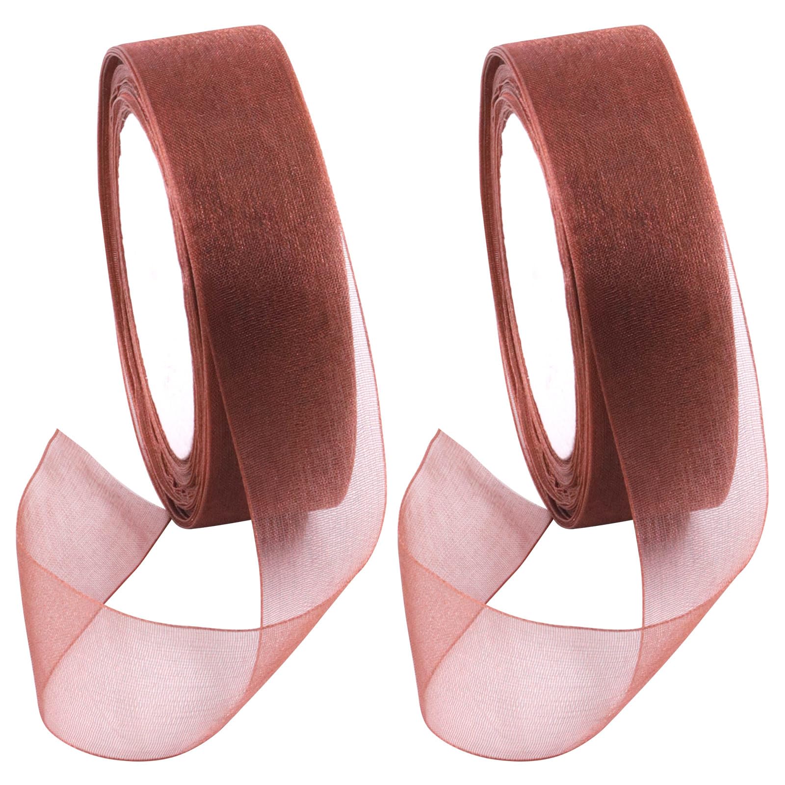 Swpeet 2 Rolls 50 Yards x 1 Inch Deep Coffee Color Shimmer Sheer Fabric Ribbons Organza Ribbon, Transparent Sheer Ribbon Chiffon Fabric Ribbons for Bouquets Wedding Birthday Decoration
