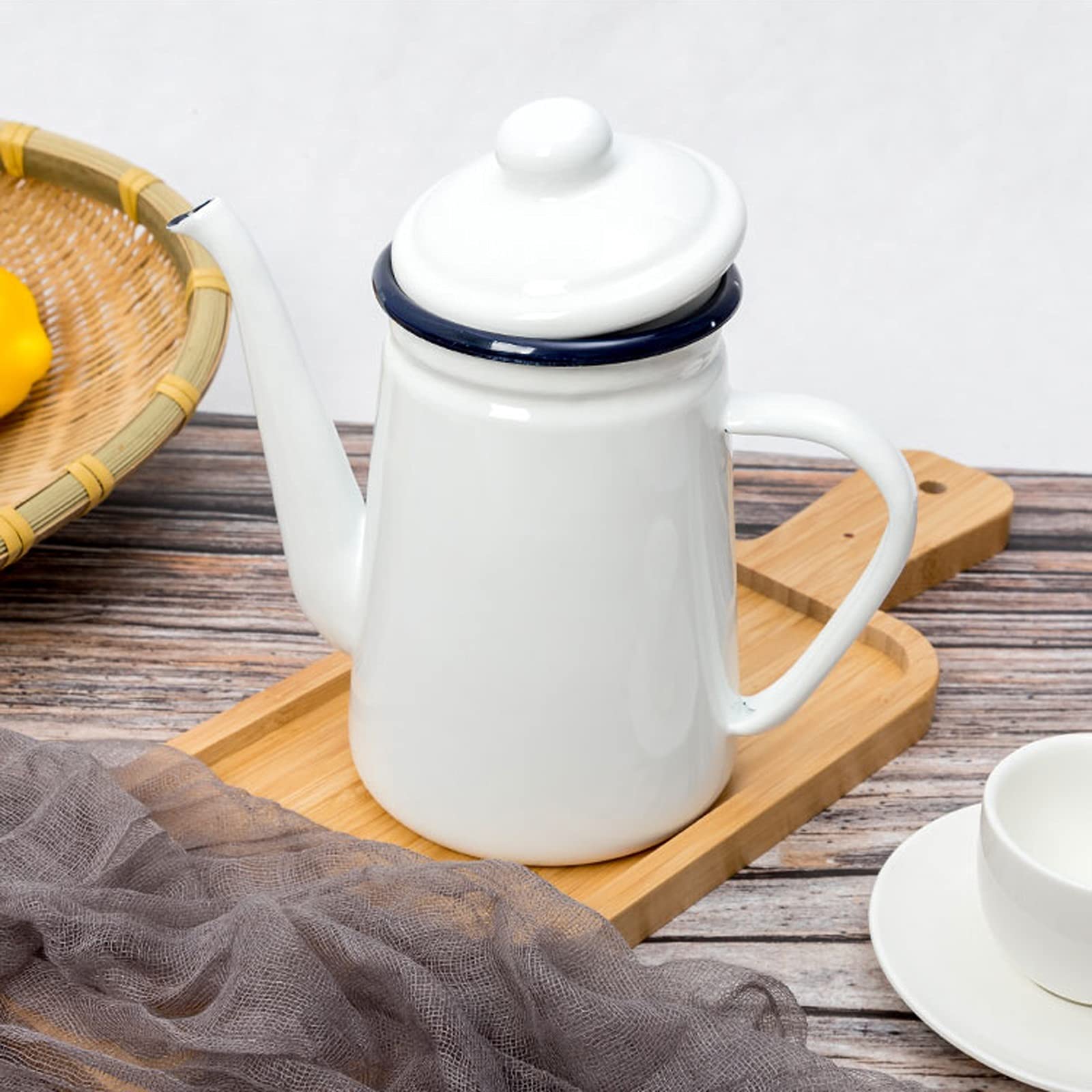 Pichet Pot de café en émail de Style Japonais avec poignée et Couvercle pichet Blanc Maison théière rétro Excellente pour Les Boissons Froides et Chaudes Pichets