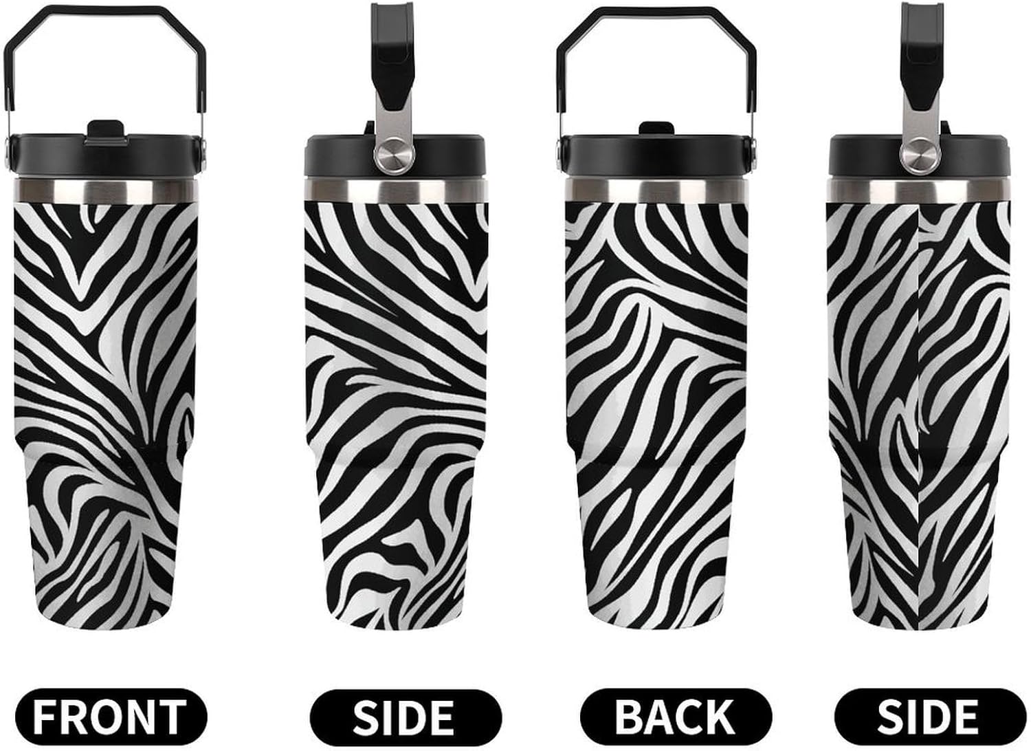 Zebra Print Water Bottle 30 Oz Fits Car Cup Holder,Insulated Coffee Mug Large Capacity Car Cups,Stainless Steel Double Wall Sport Bottle for Travel Sports Gym