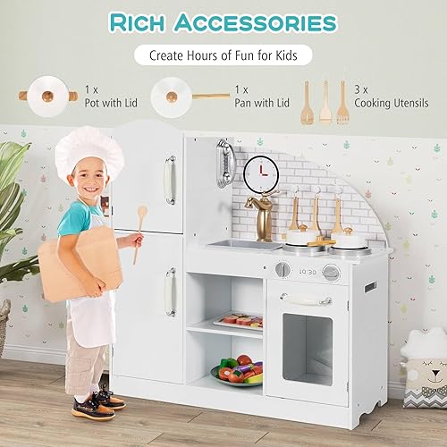 Miniatura 3 de Costzon Juego de cocina para niños, cocina de madera con utensilios, horno, gabinetes, grifo, fregadero y teléfono, juego de cocina para niños