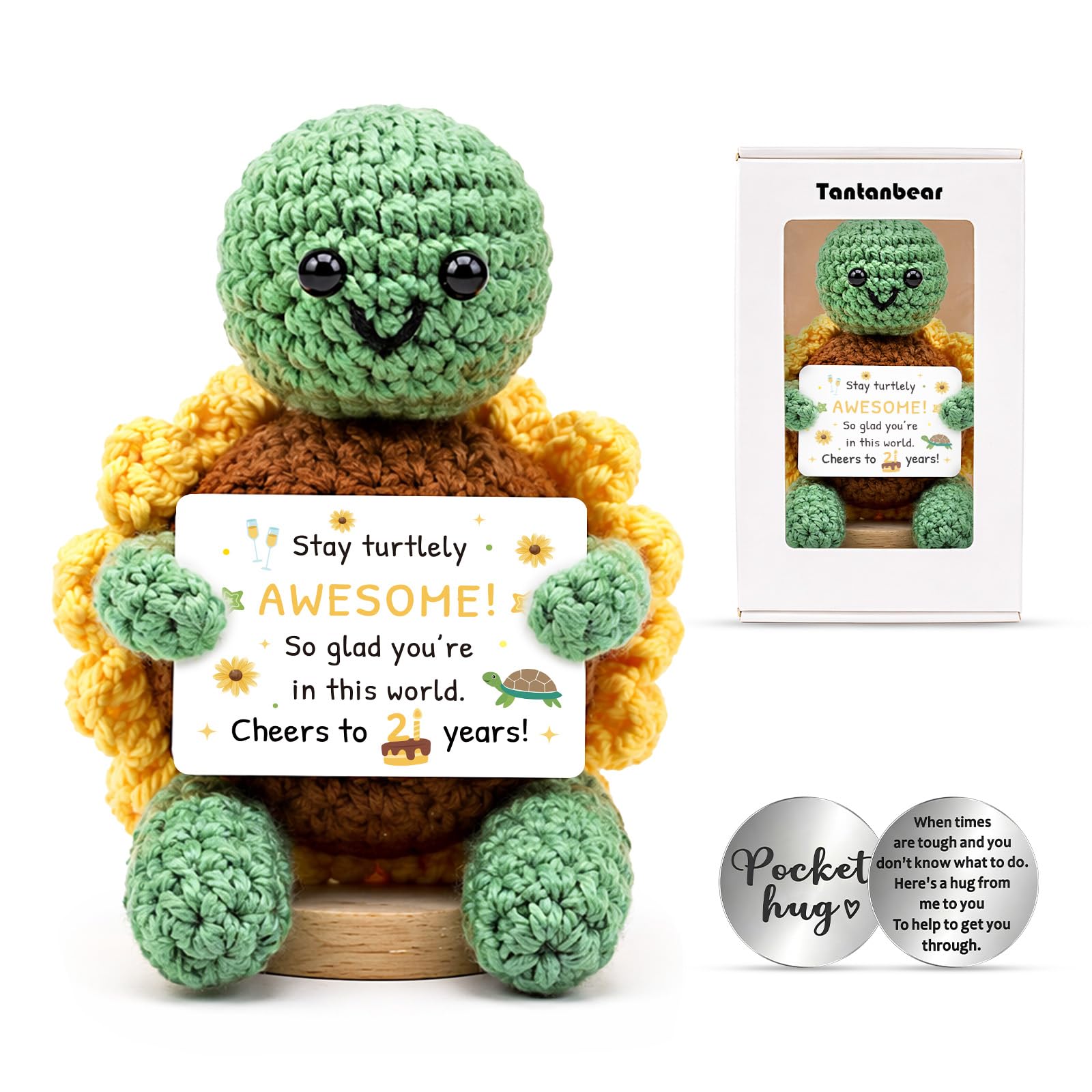 Positive Crochet Turtle 21th Birthday Gifts for Girls Boys, Sunflower Crochet Animals Emotional Support Plush, Handmade Desk Decor Keepsake Gift Box with Lucky Coin Card for Her Him Teen Daughter Son