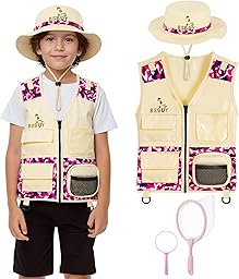 Kit d'exploration Enfants, 4Pcs Costume Explorateur Extérieur Camouflage avec Filet à Papillons et Loupe, Kit de Aventurier Extérieur, Cadeau d'exploration Nature pour Garçon Fille, Rose