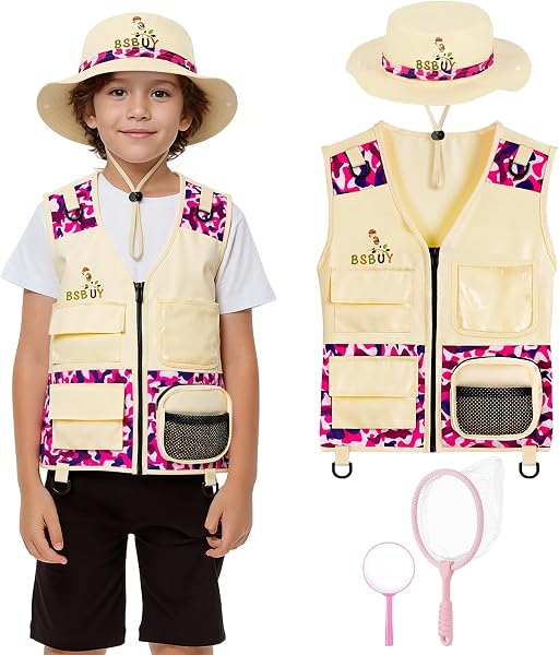 Kit d'exploration Enfants, 4Pcs Costume Explorateur Extérieur Camouflage avec Filet à Papillons et Loupe, Kit de Aventurier Extérieur, Cadeau d'exploration Nature pour Garçon Fille, Rose - 1