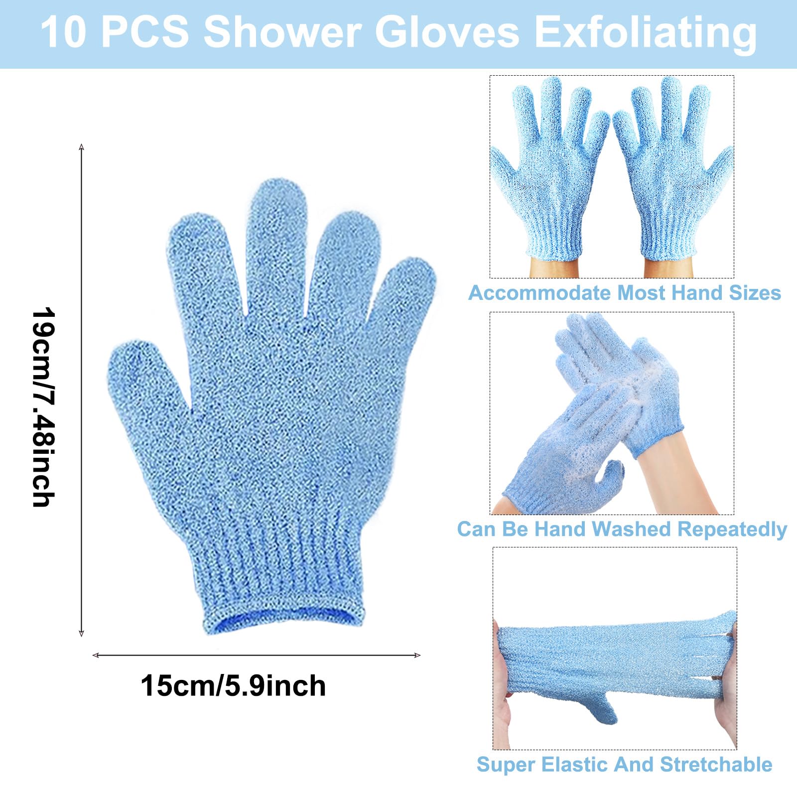 KEYRI Lot de 10 Gant Exfoliant Corps, Gants Gommage Corps Doux Gant Exfoliant Visage pour Hommes Femmes Et Enfants Gants De Bain à Cinq Doigts pour Exfoliation Douche (Blanc+Rose+Violet+Vert+Bleu)