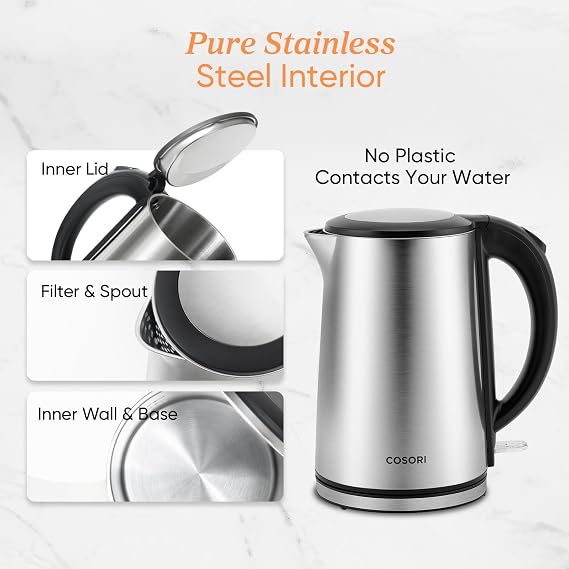 Cosori Stainless Steel Electric Kettle, Plastic-Free Interior, 1.5L, Silver