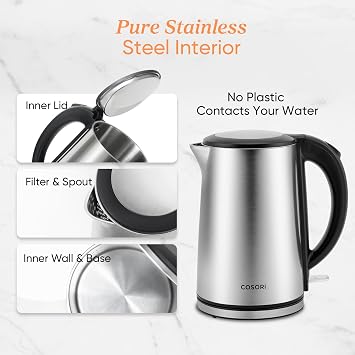 Cosori Stainless Steel Electric Kettle, Plastic-Free Interior, 1.5L, Silver
