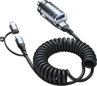 [Safety Certified] 90W USB C Car Charger, LISEN Car Charger for iPhone 15 with 5FT Coiled Type C/Lightning Cable, Cigarette Lighter USB Charger PD45W & QC45W for iPhone 15/15 Pro Max, Samsung S23