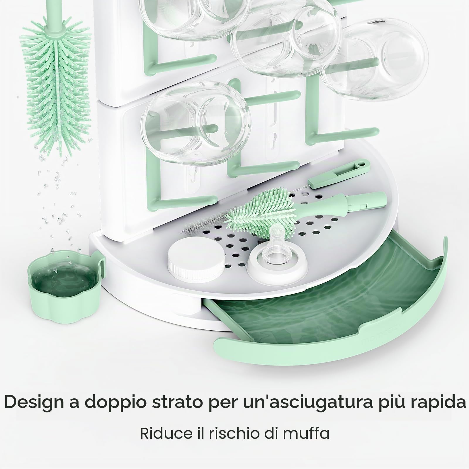 Momcozy Stendibiancheria verticale per biberon, grande capacità, 18 unità, design modulare compatto con portaspazzole integrato, asciugabottiglie per tettarelle, tiralatte e accessori