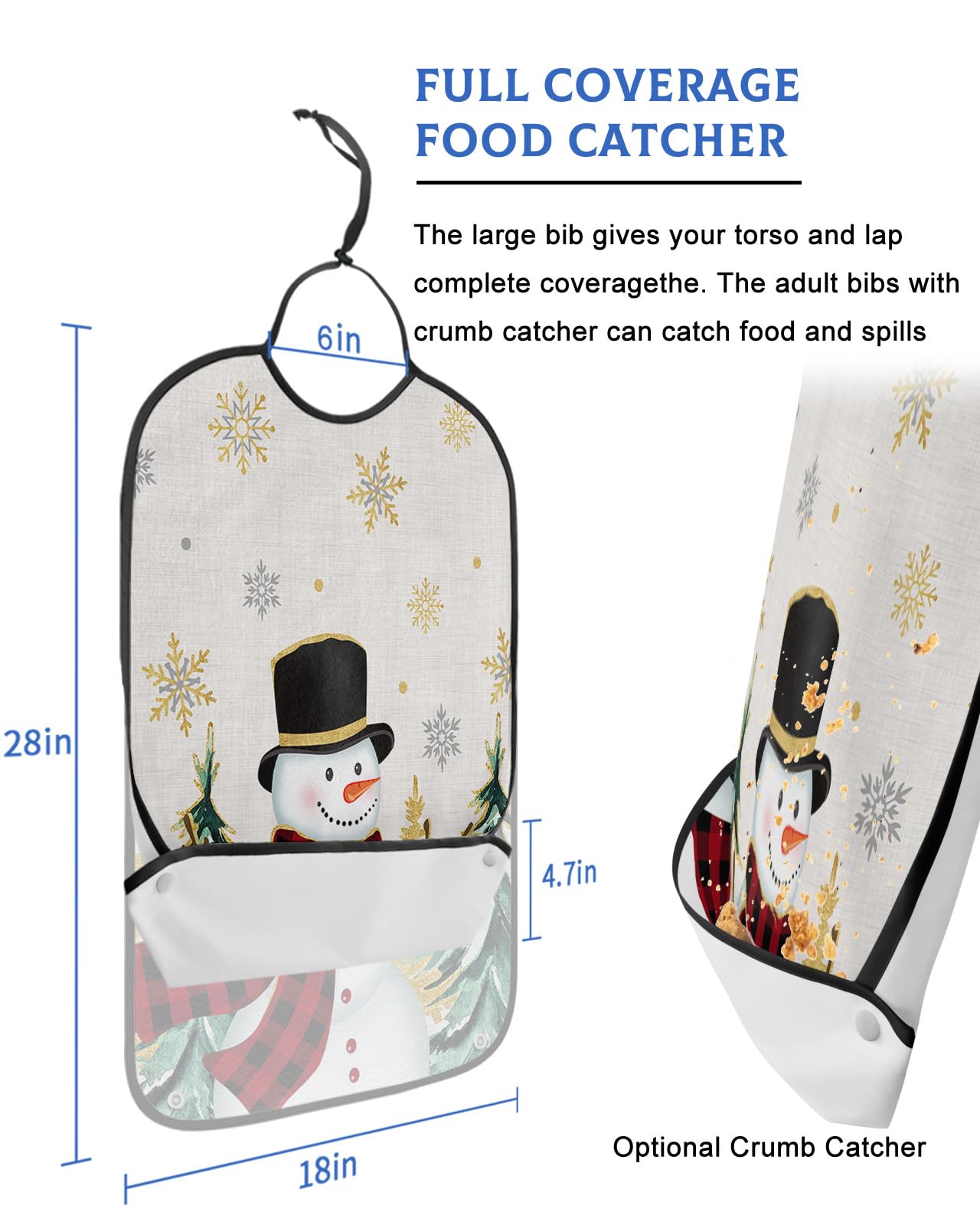 Jolunifun Snowman Adult Bib for Adults Men, Women, Washable & Adjustable Terry Cloth Bib with Crumb Catcher Reusable Waterproof Clothing Clothes Protector Apron Christmas Tree Gold Snowflake Green