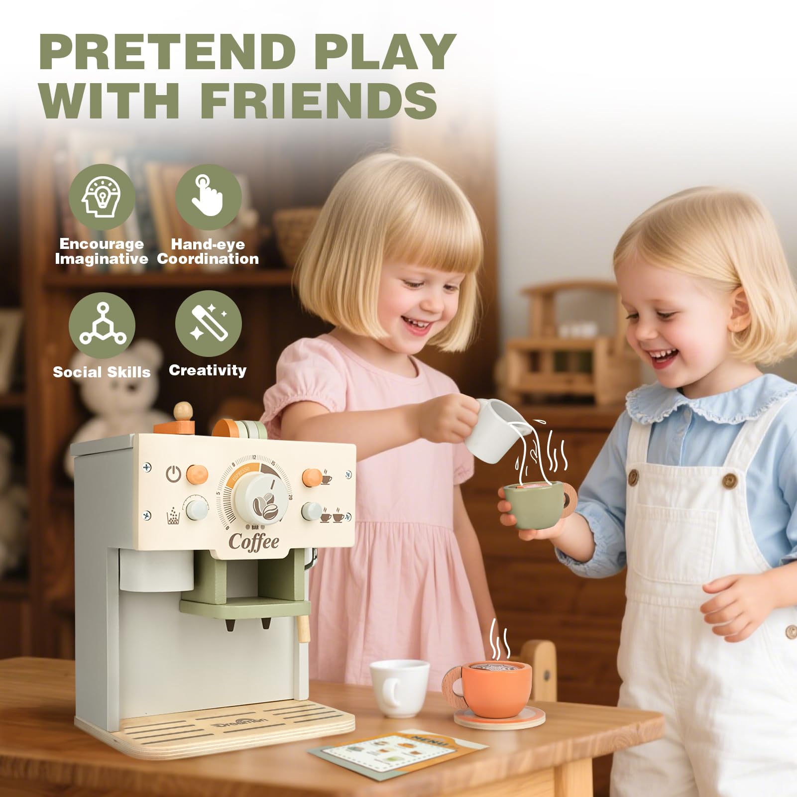 Dreamon Kaffeemaschine Kinder Holz, Kinderküche Zubehör 15 Teile, Montessori Spielzeug, Küchengeräte Kaffeeset Kinder Spielzeug, Küchen Spielzeug Geschenke Jungen und Mädchen ab 3 4 5 Jahre
