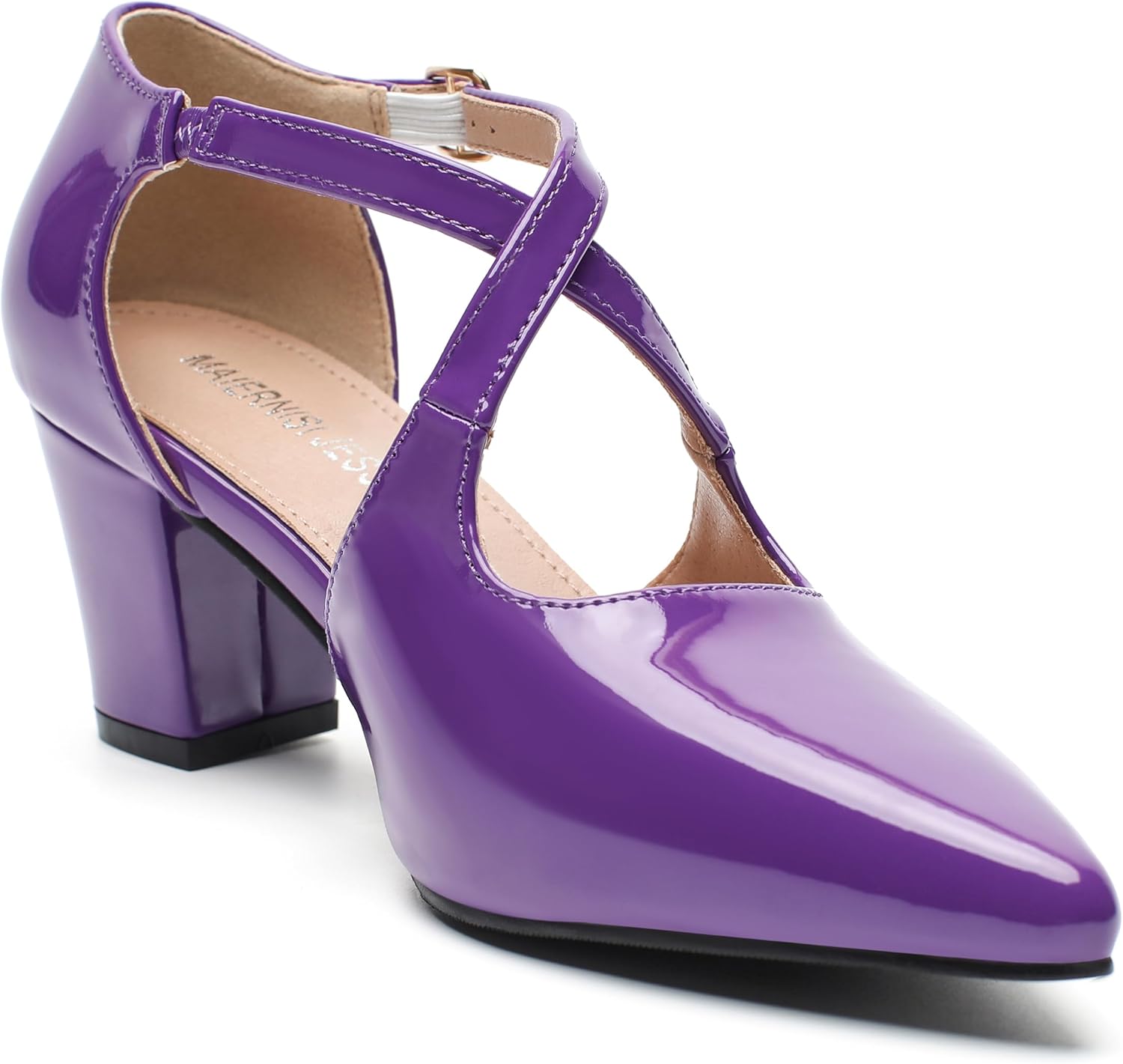 MAIERNISI JESSI Women's Pointed Toe Pumps, Crisscross Ankle Strap, 2 Inch Block Heel, Buckle Closure