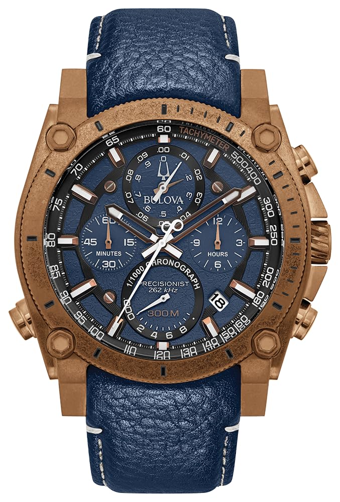 Bulova Orologio Cronografo Al Quarzo Uomo 97B186 - Cassa 46mm, Cinturino In Pelle Blu, Impermeabile 30 Bar, Tachimetro E Lancette Luminose
