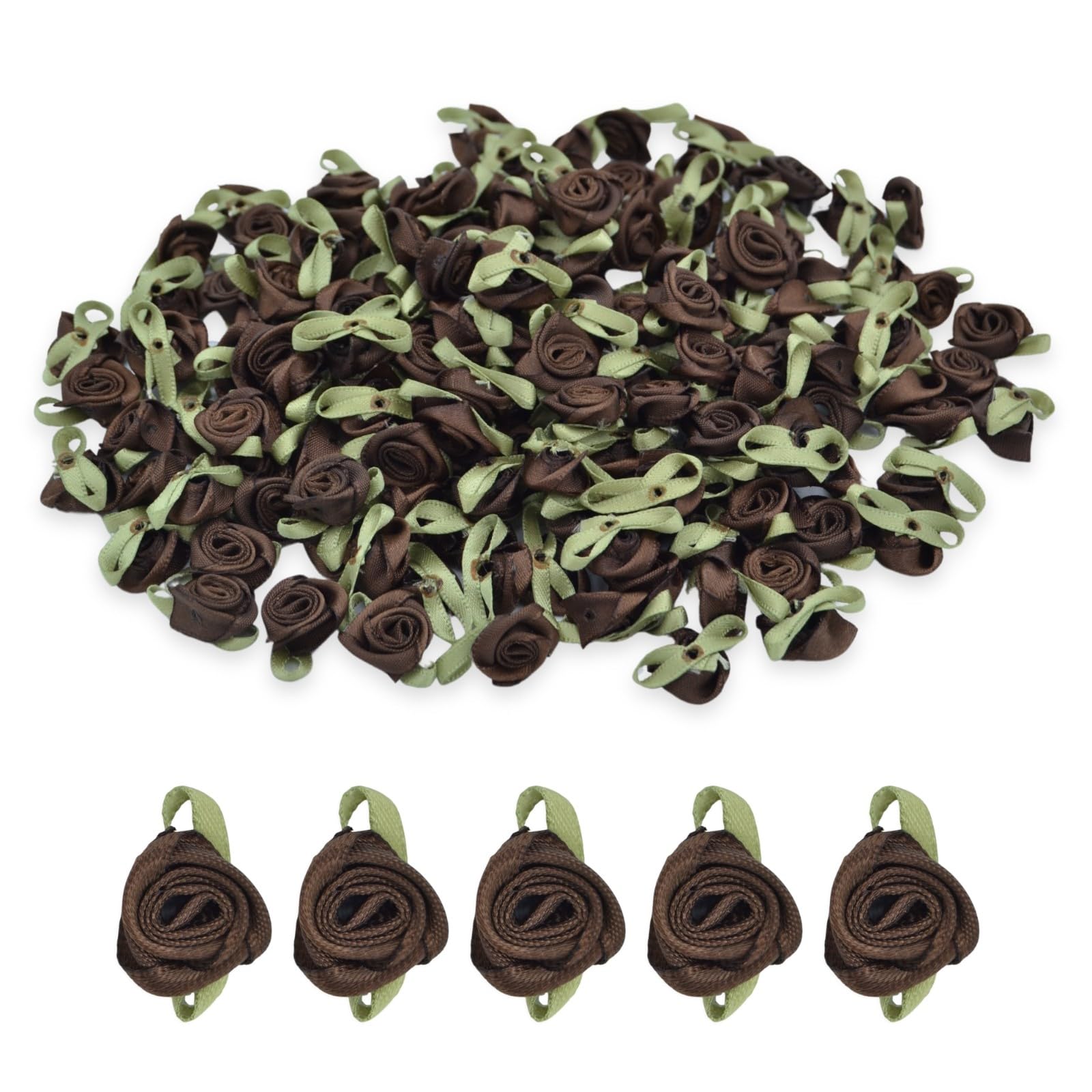 celloexpress 15mm Dark Brown #03 Satin Ribbon Roses with Green Leaves - Small Flower Buds - Crafts, Embellishments (Pack of 50)