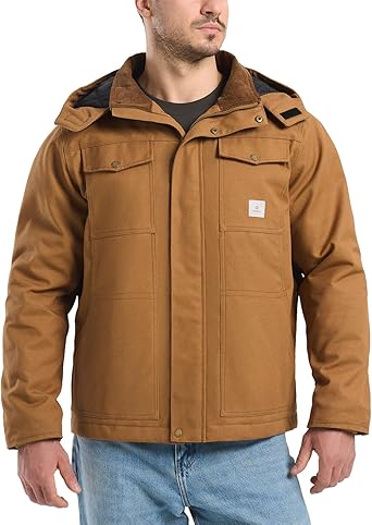 HISEA Winter Work Jackets for Men, Water Resistant Hooded Duck Canvas Coat, Relaxed Fit Insulated Utility Jacket with Pockets