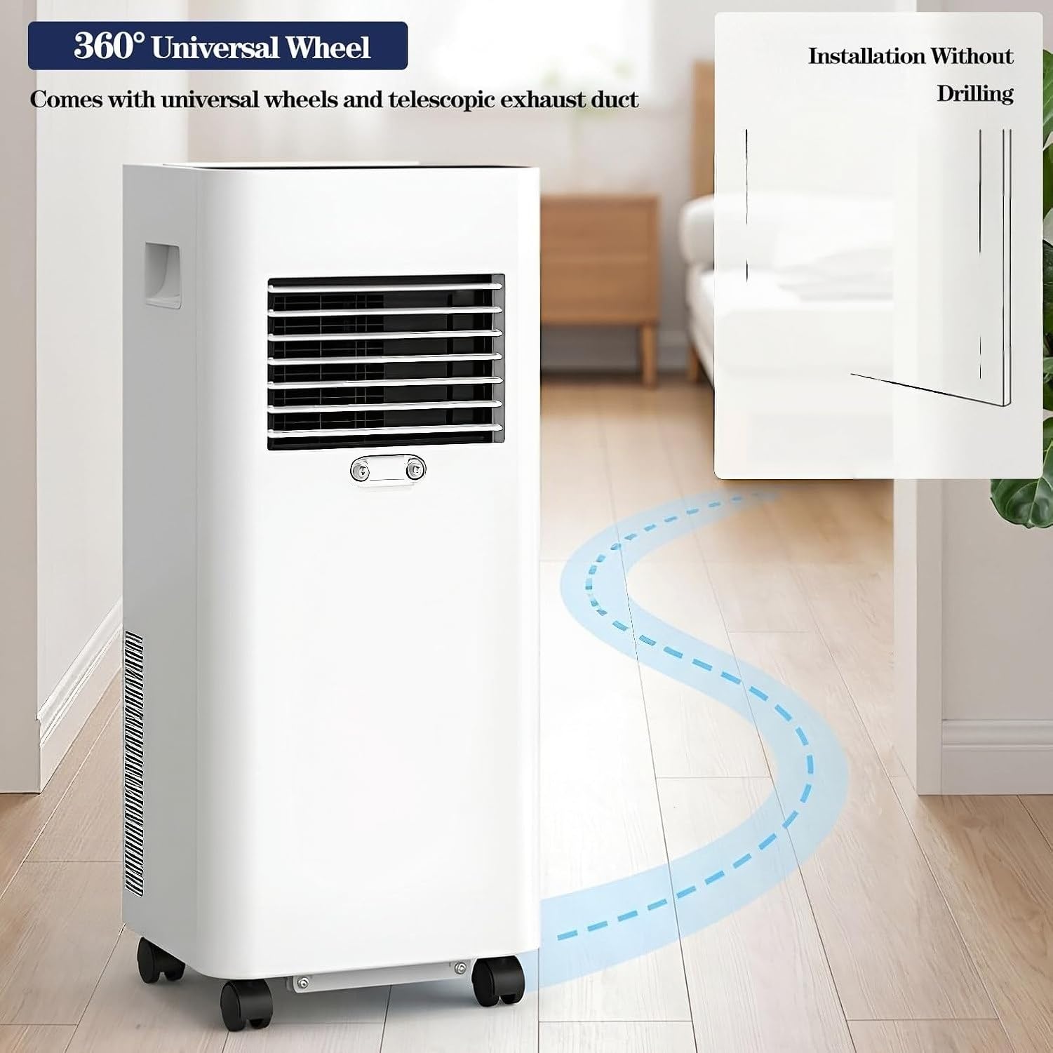 Przenośny klimatyzator 7000 BTU chłodzi pomieszczenie 24 m² z trybem osuszacza i wentylatora, timer, kółka do domu i biura