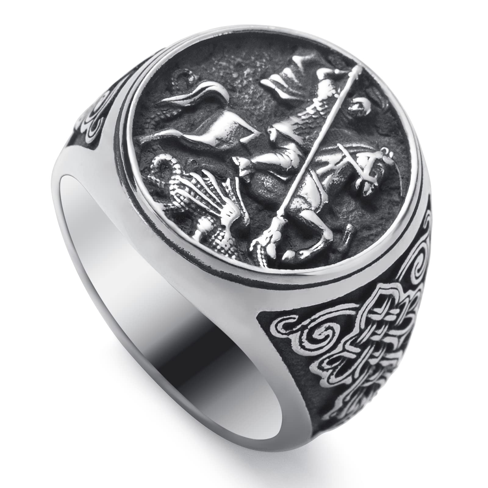SOBHARTSt Christopher George Benedict Ring for Men Stainless Steel Religious Amulet Ring Size 8/9/10/11/12/13