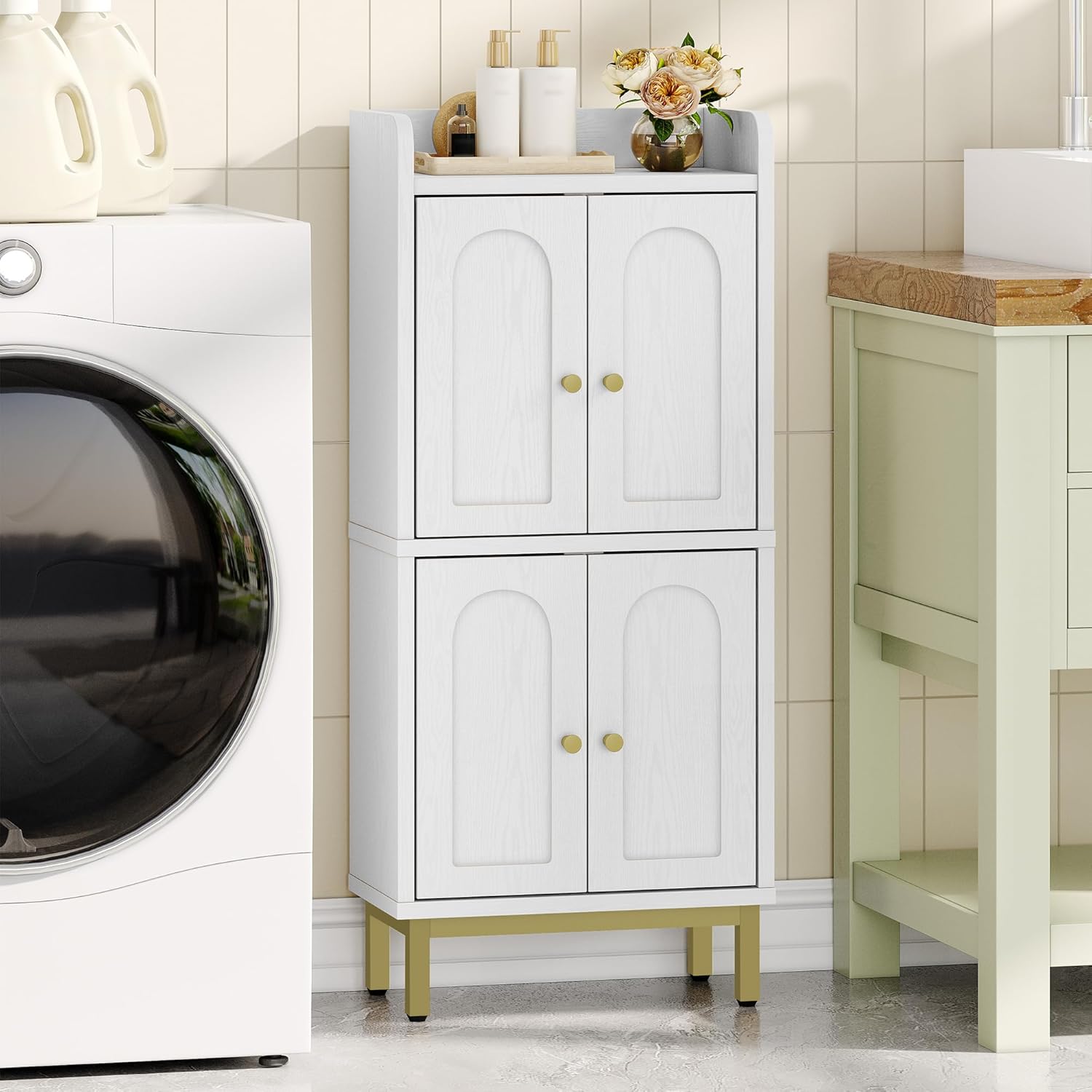 Bathroom Cabinet, Small Storage Cabinet with 4 Doors, Bathroom Organizers and Storage Cabinets with Adjustable Feet. Cabinets Freestanding for Living Room, Kitchen, 7.1"D x 14.6"W x 32.7"H