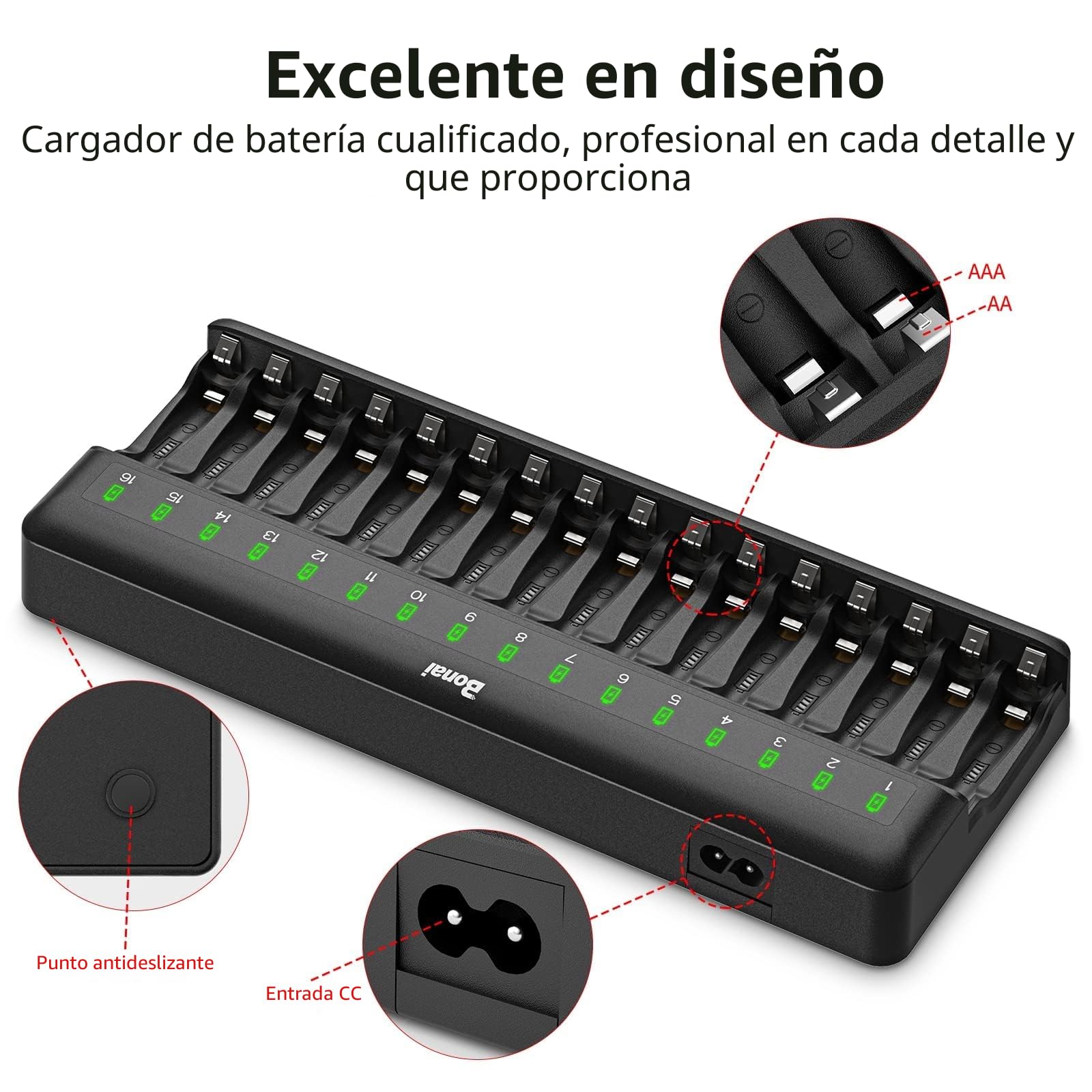 BONAI Cargador de Batería de 16 Ranuras, Caragdor de Pilas para Recargables AA y AAA Ni-MH con Carga Inteligente e Independiente, Indicador Led, No se Incluyen Pilas - Negro