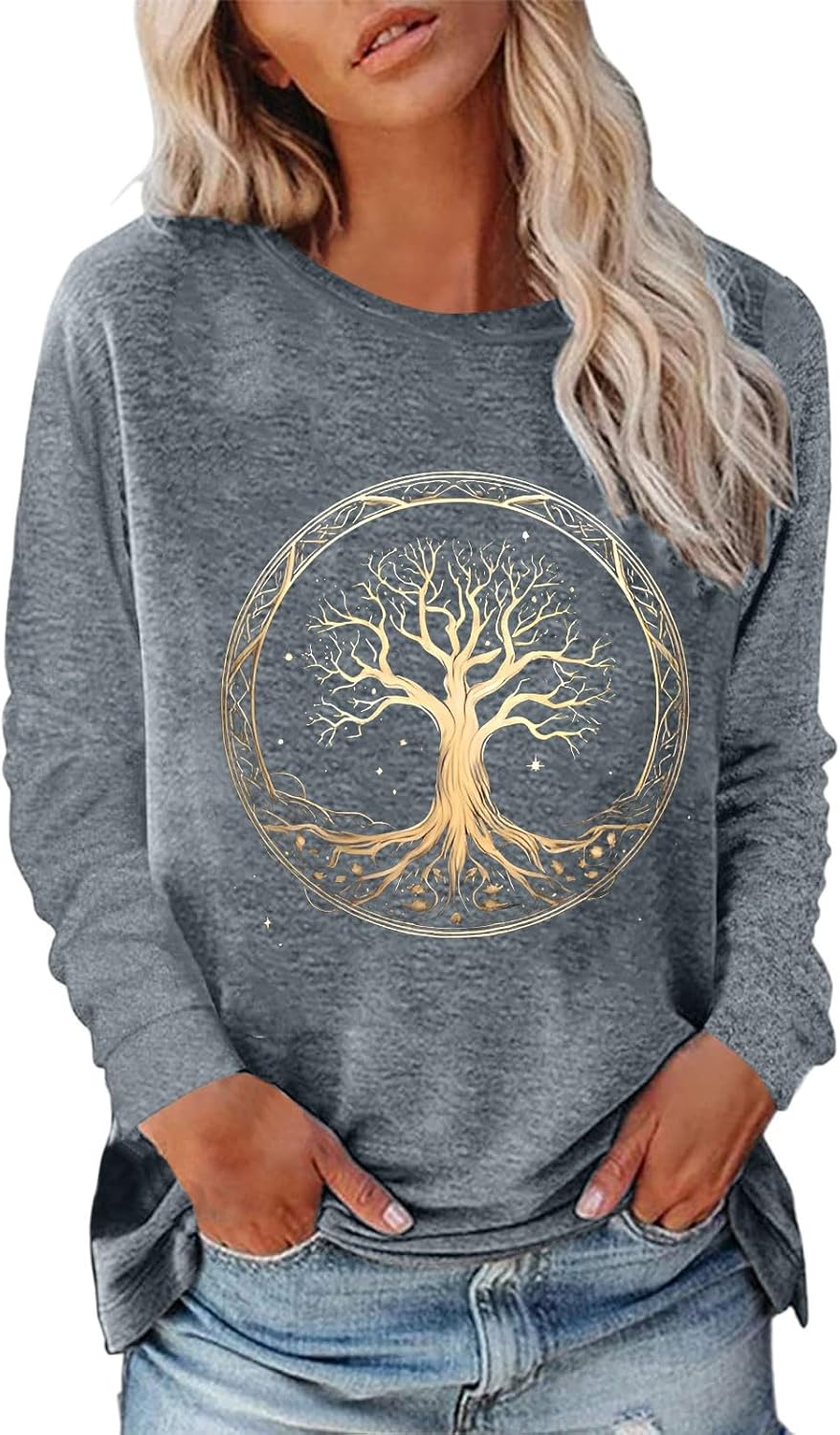 Cexiakong Carnaval Cowgirl T-shirt à Manches Longues Pour Femme Vintage Country Musique Automne T-shirt Randonnée Voyage Sweat-shirt Tees Tops Arbre De Vie Arbre De Vie Celtique Nordique T-shirt à