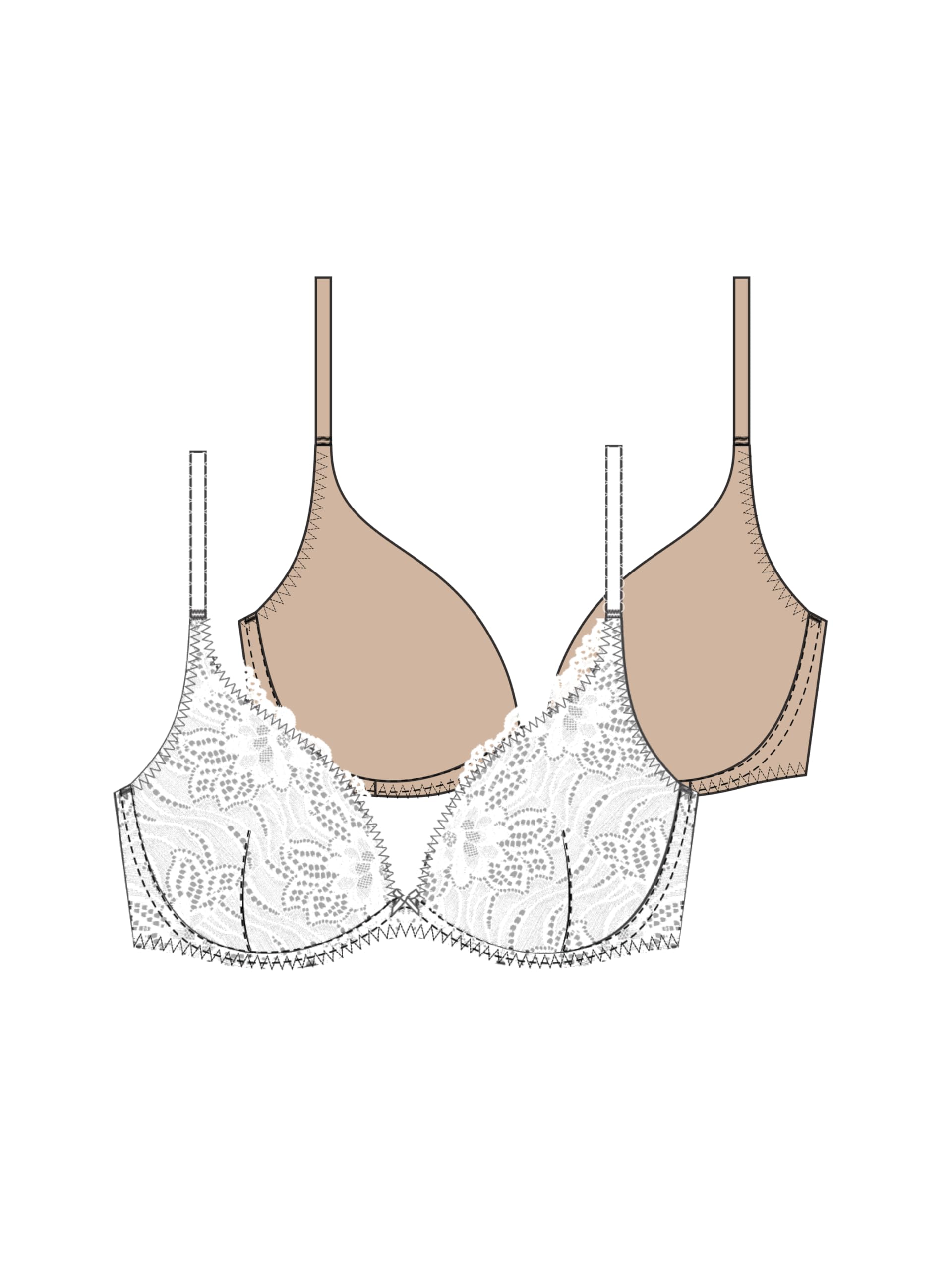 DORINA Angie Two-Piece Push-Up Plunge Bra Pack – Lace & Micro Fabric, Removable Cookies, Underwired Support, White and Nude