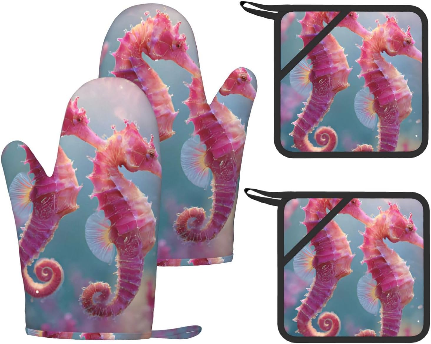 Seahorses 4pcs Oven Mitts and Pot Holders Sets for Kitchen, Silicone Oven Gloves Non-Slip Potholders Hot Pads for Baking Cooking